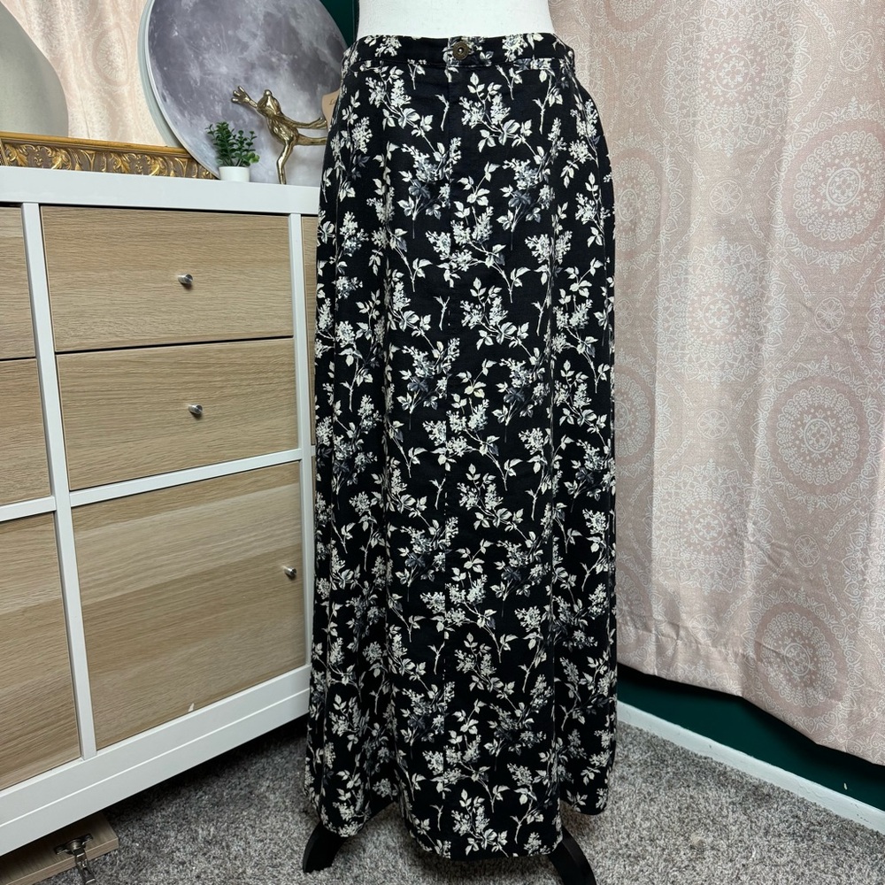 Liz Claiborne Black Linen Blend Maxi Skirt White Floral Back Slit Sz 8